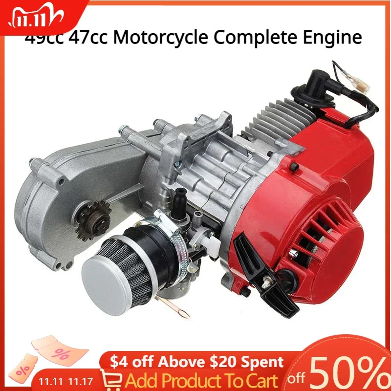 

49cc 47cc Motorcycle Complete Engine 2-Stroke Pull Start Motor W/ Transfer Box For Mini Dirt Bike Pocket Pit Quad ATV 4 Wheel