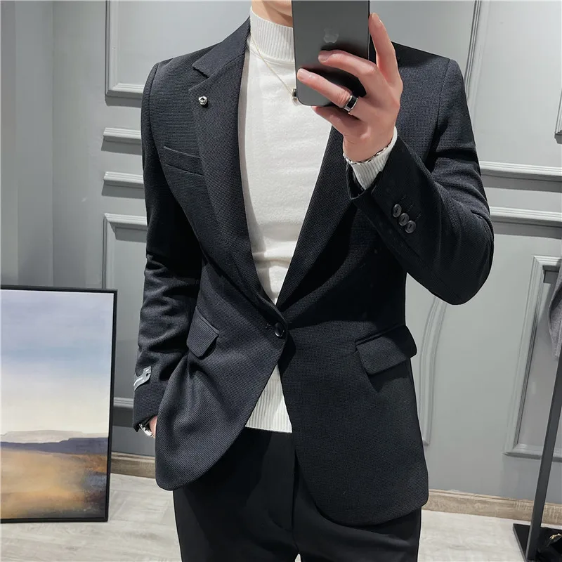 High Quality Men's Slim Blazer Business Casual Suit Jacket 2021 Autumn Waffle Fabric Luxury Social Male Clothing Terno Masculino