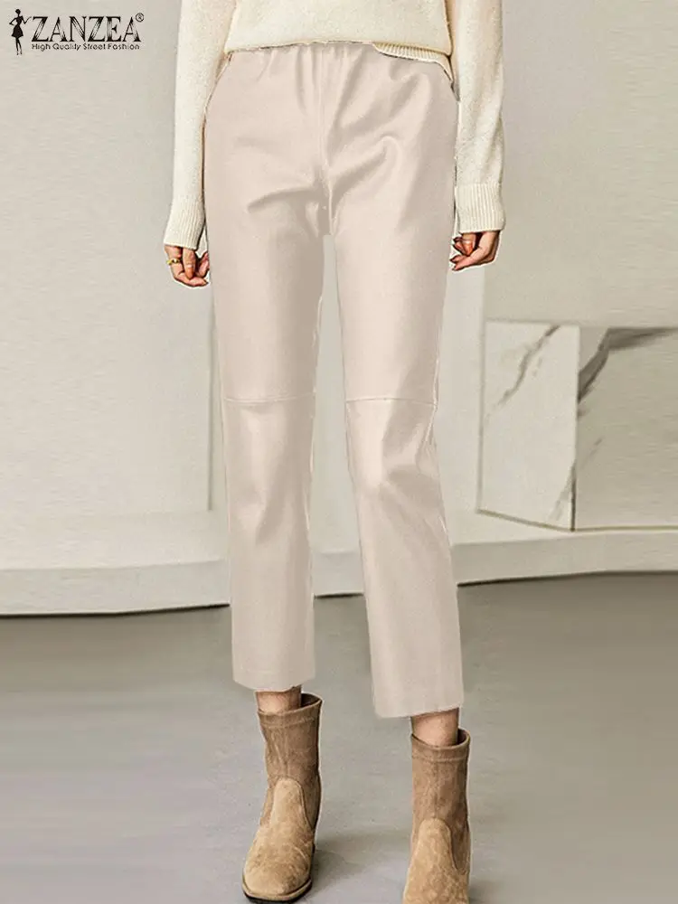

Брюки ZANZEA женские из экокожи, модные офисные винтажные элегантные однотонные брюки в стиле палаццо, повседневные Прямые Штаны с карманами, осень 2023