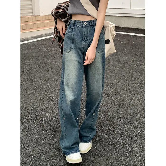 

Women's Straight Leg Jean High Waist Korean Style Streetwear Vintage Pants Chic Design Casual Ladies Denim Wide Leg Trouser L323