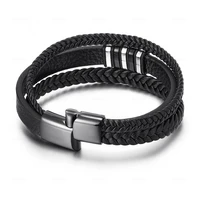 2022 high quality cow leather stainless steel men bracelet multi layer hand woven retro titanium bracelet creative jewelry gift