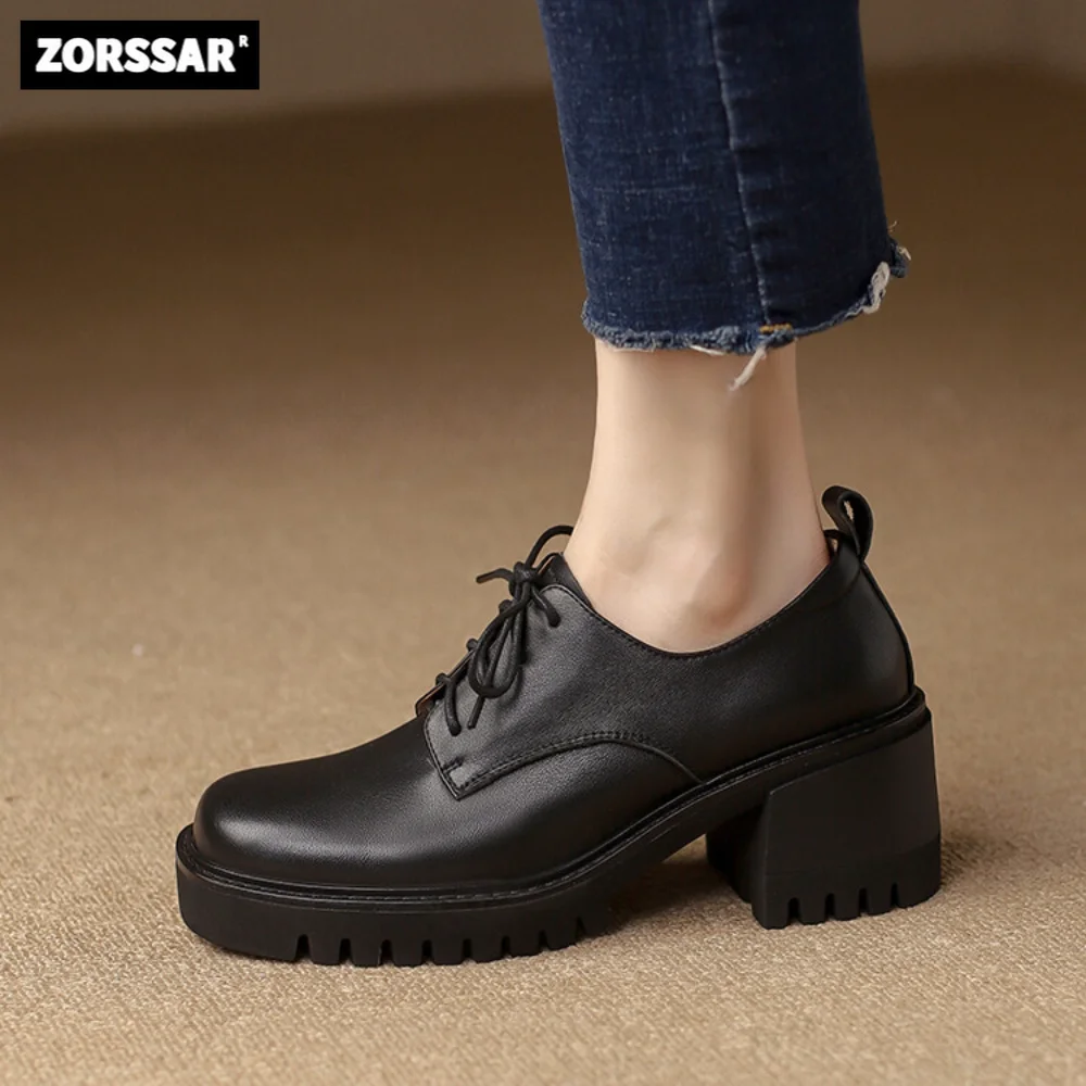 

2023 New Women Pumps Thick Heels Lace Up Square Toe Retro Chunky Heels Mary Jane High Heels Natural Leather Woman Dress Shoes