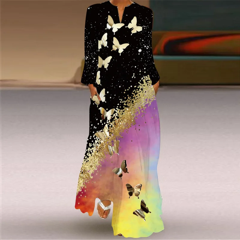 

Woman Elegant Butterfly Printed Spring Pocket Sexy V-neck Long Sleeve Dresses Women Party Bohemian Ankle-Length Vintage Dress