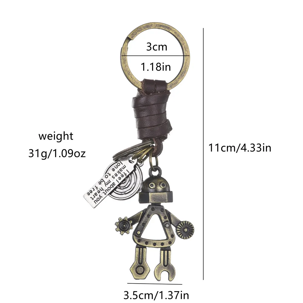 Vintage woven cowhide keychain, simple and personalized, cute robot pendant, car key pendant
