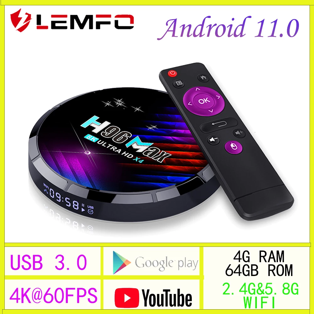 

Lemfo H96 Max Smart Tv Box Android 11 8K Decode Video 2.4G&5.8G WIFI 4K60FPS HD Youtube Google Play 4G 64GB Chip S905 X4 Set-top