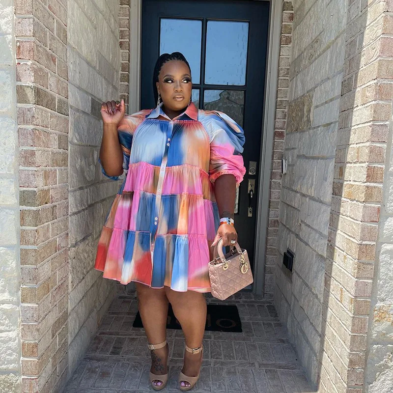 

Plus Size Women's Dress Autumn Summer New Trend Graffiti Print Lapel Single Breasted Shirt Fashion Medium Long Large Dresses