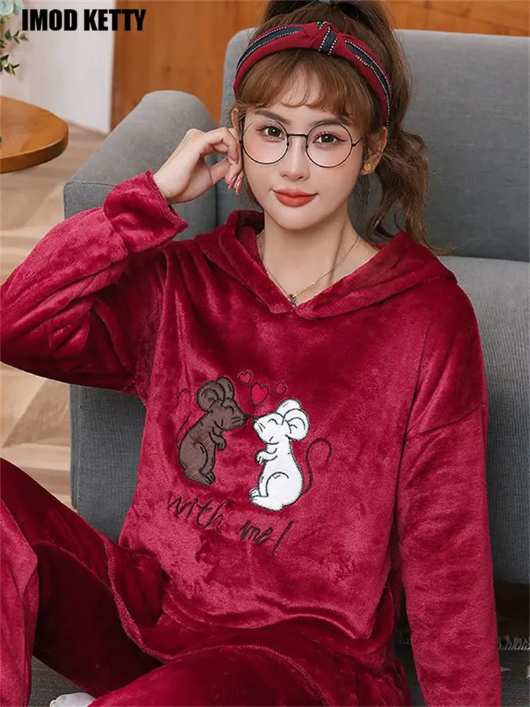 

Winter leisure Home Clothes Suits Full SleeveWarm Sleepwear Flannel Pajamas Set For Women Man Stitch Panda Cartoon Pijamas Mujer