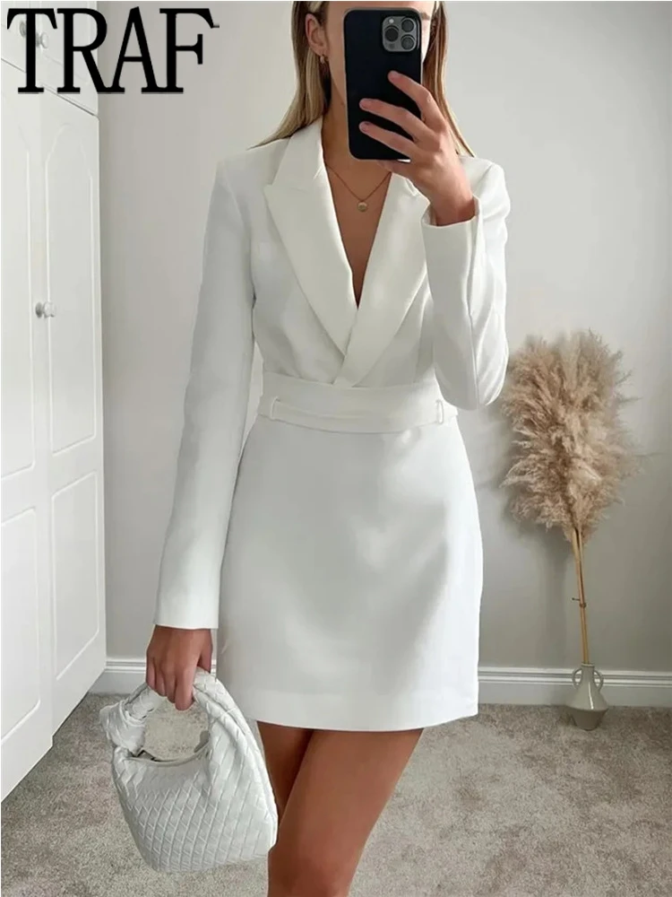 

TRAF 2022 Blazer Dress Woman Office White Dress Woman Fashion Belt Long Sleeve Short Dresses Elegant Formal Dresses For Women