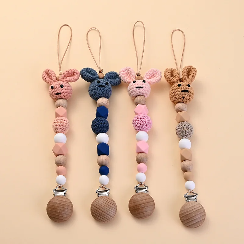 

Baby Wooden Pacifier Clip Wood Crochet Rabbit Teething Soother Chain For BPA Free Nursing Chew Toy Baby Dummy Holder Chain