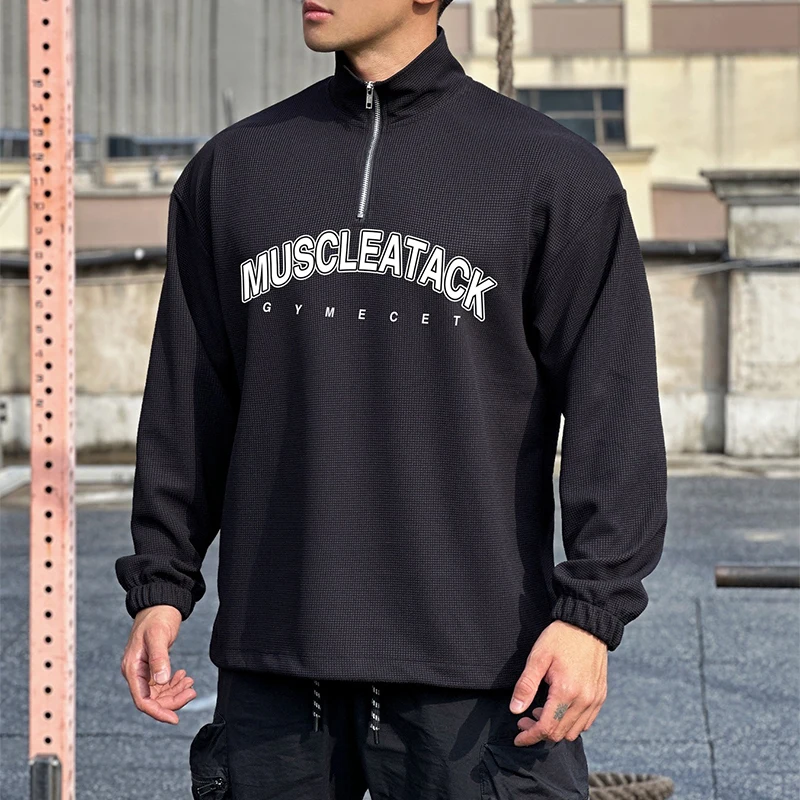 

Outwear Letter Print Zip Sweatshirt Men Clothing Casual Training Loose Stand Collar Hoodies Tee New Man Long Sleeve Waffle Tops