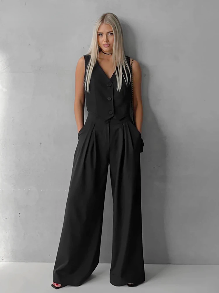 Женский офисный костюм-двойка розовый костюм из топа и плиссированных брюк с