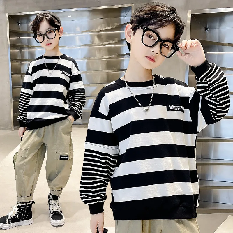 

2022 New Boys Sweatshirts 5-14Yrs Spring Autumn Black White Striped Cotton Tops Kids Pullover Casual Clothes Children Outerwear