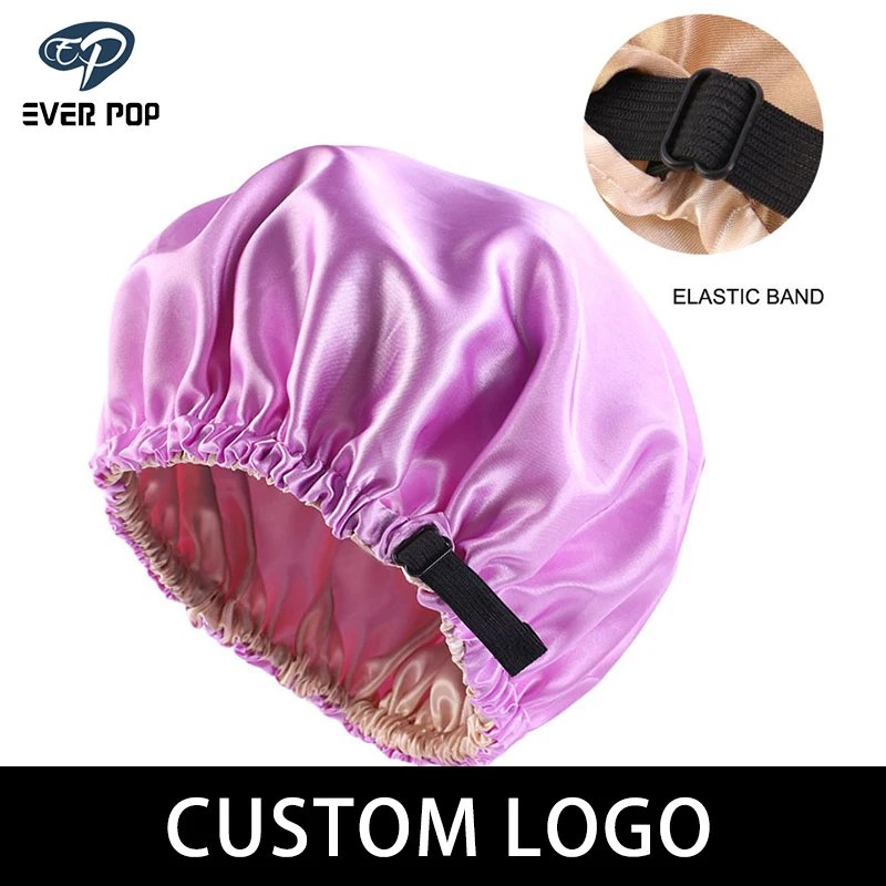 

Custom Logo Adjustable Festive Word Buckle Double Layer Satin Nightcap Wig Packaging Beauty Salon Hat