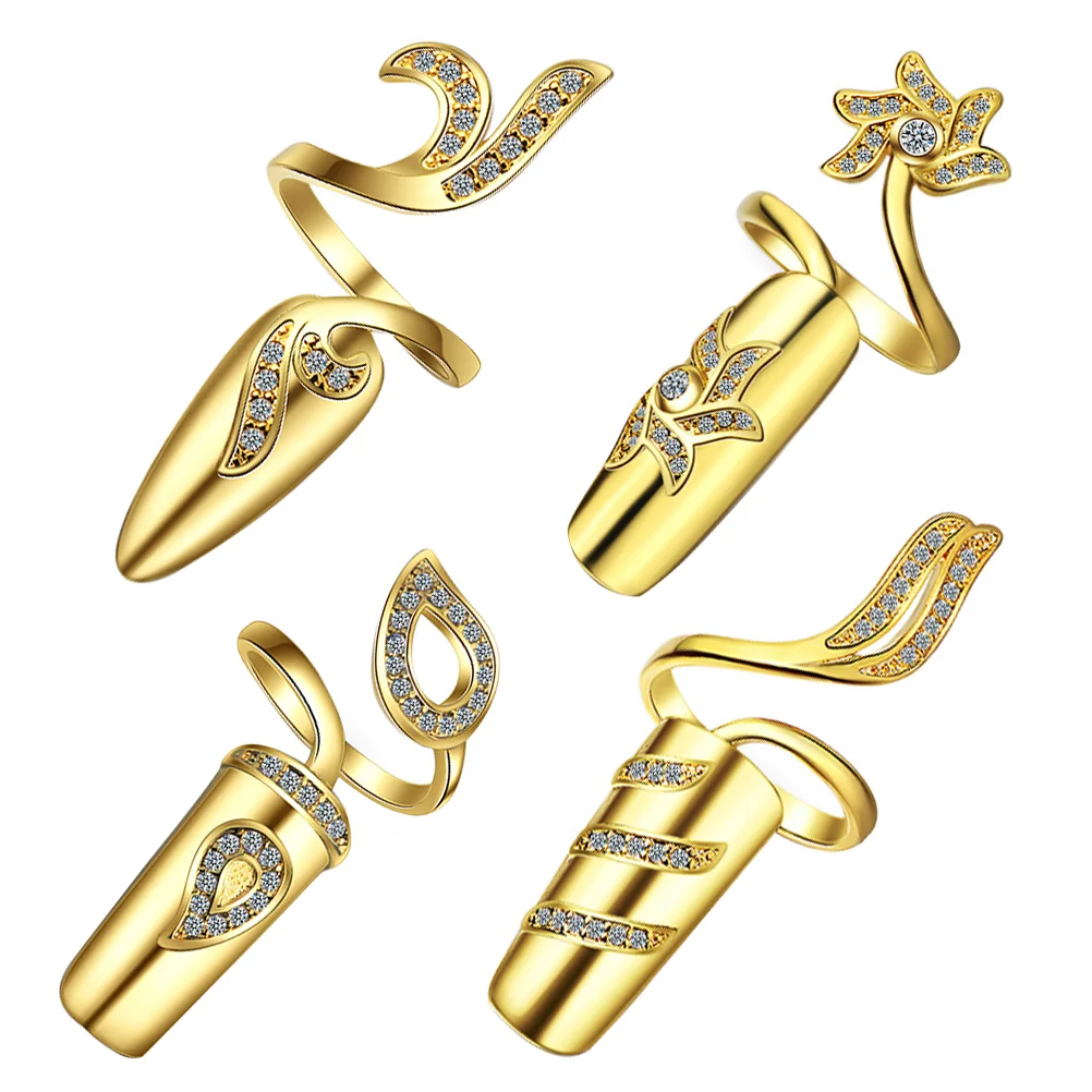 

4 Pcs Decorative Nails Shaped Rings Fashion Alloy Crystal Women Hand Jewelry Finger