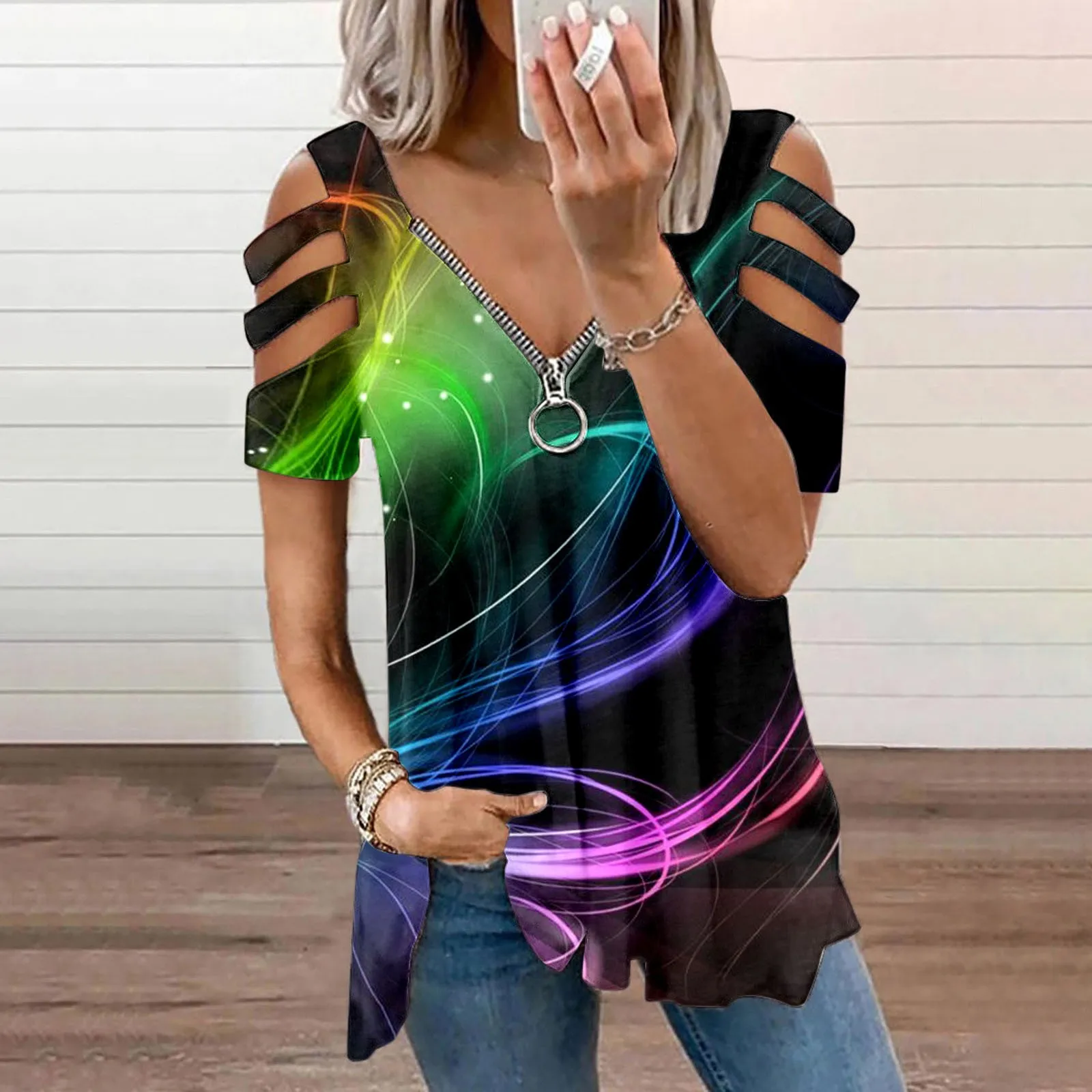 

Женский Повседневный Топ с принтом, рубашка на молнии с V-образным вырезом и открытыми плечами, модная Свободная блузка, топ, Спортивная женс...