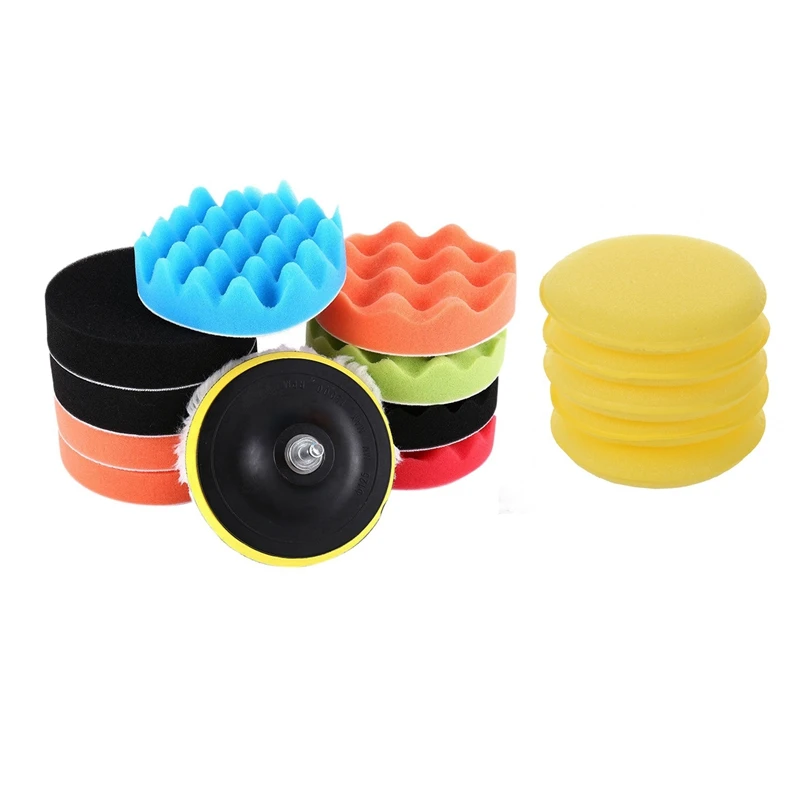 

5 X Yellow Car Wax Polish 5Inch Foam Sponge Pads & 12X 5 Inch Buffing Waxing Polishing Sponge Pads Drill Adapter Kit