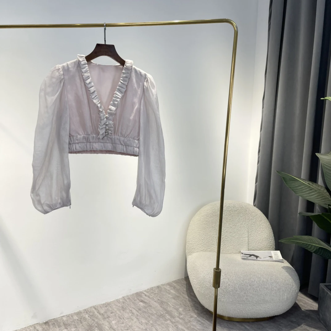 

Женская летняя блузка 2022, Высококачественная шелковая льняная розовая рубашка с оборками, рукавами-фонариками и V-образным вырезом, коротка...