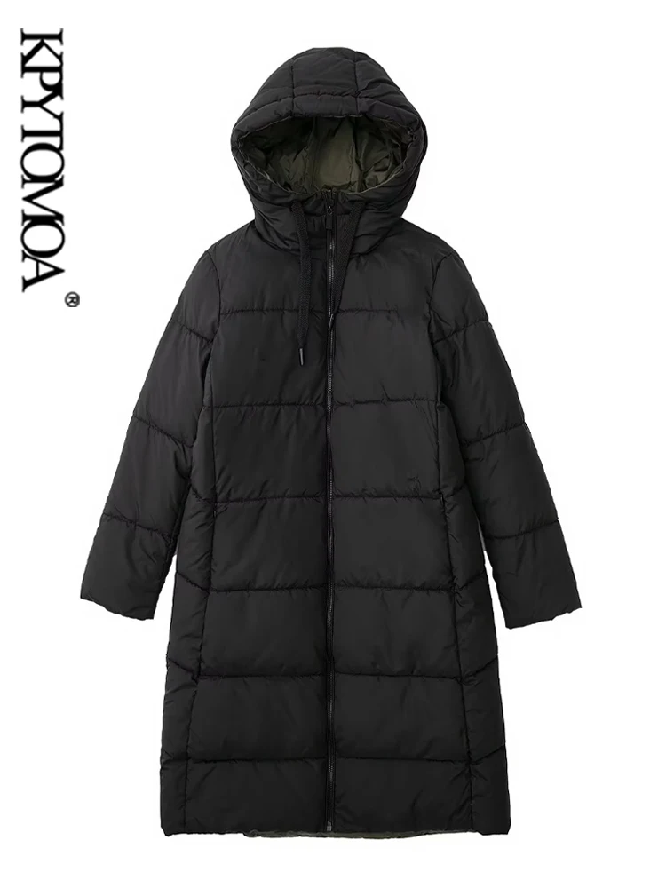 KPYTOMOA Women Fashion Thick Warm Reversible Long Padded Coat Vintage Hooded Collar Front Zipper Female Outerwear Chic Overcoat