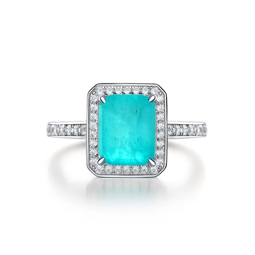 

Megin D S925 Sterling Silver Square Paraiba Stone Luxury Ins Crystal Boho Vintage Ring for Women Men Wedding Couple Gift Jewelry