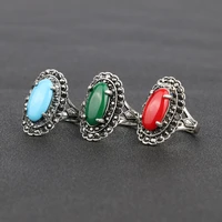 hot 2022 fashion gorgeous tibetan silver ring vintage wedding jewelry punk green resin stone rings for women accessories
