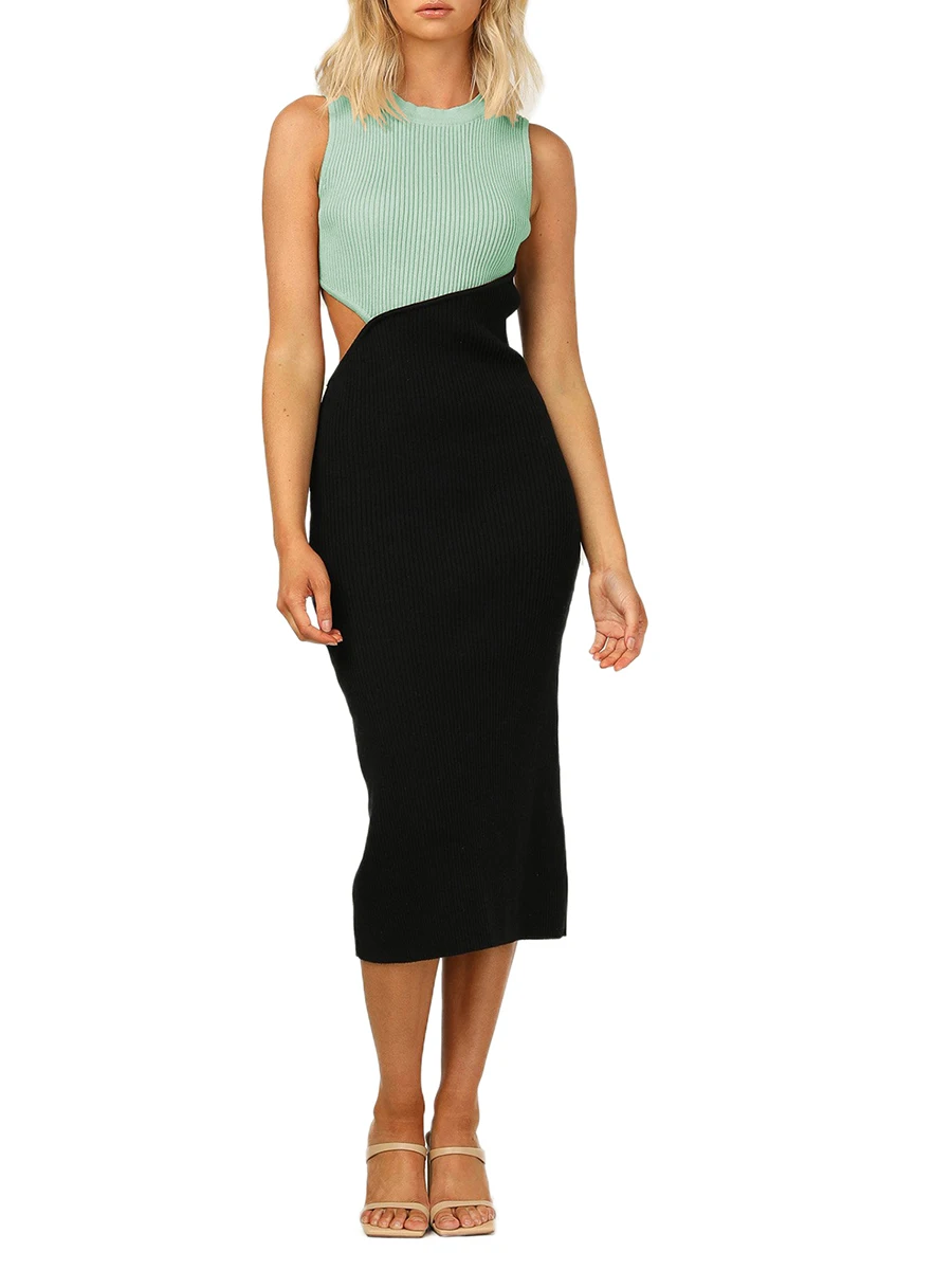 

Women Knit Ribbed Bodycon Midi Dress Sleeveless Cutout Crew Neck Color Block Patchwork Fall Casual Tank Long Dress