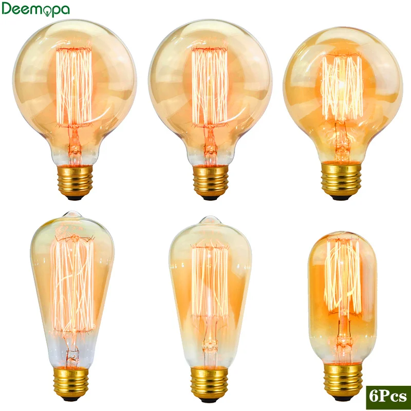 6pcs/lot Retro Edison Bulb C35 T45 ST64 G80 G95 A60 Filament Light 40W E27 Vintage Ampoule Incandescent Lamp Decorative Lights