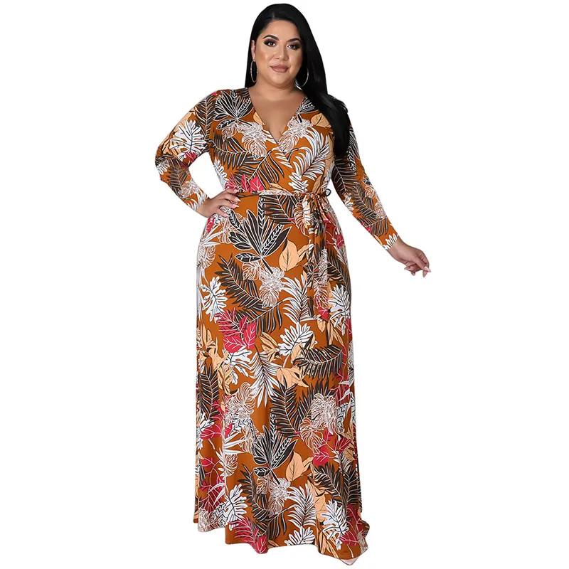 

Sexy Waist Swing Plus Size women Long Dress New ladies V-neck Printing Dress Party Holiday Floral Long Skirt XL-4XL 2022 Hao