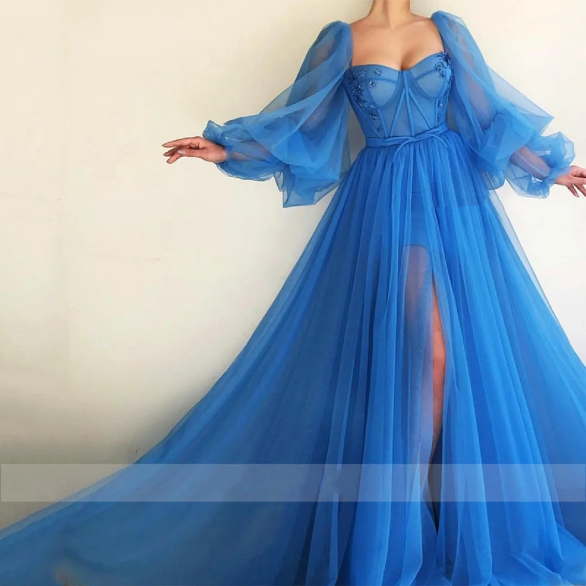 

Blue 2023 Women's Prom Dresses Stylish A-shaped Design Sexy Tulle Bifurcated Backless Evening Dress Can be Customized