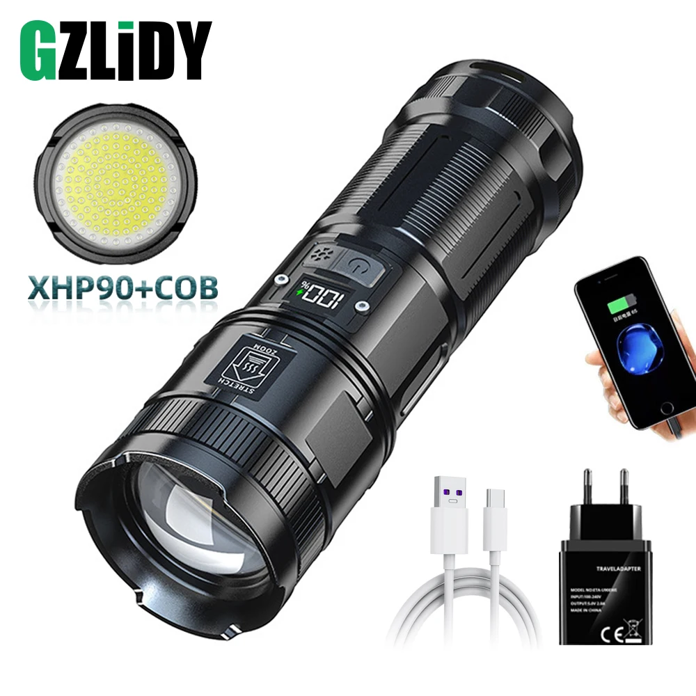 

Светодиодный фонарик высокой мощности XHP90, 7800 лм, фонарь для кемпинга, 18650 мАч, водонепроницаемый фонарь с USB-зарядкой и увеличением светильн...