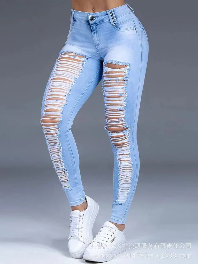 

Mandylandy Women Sexy Hole Ripped Jeans Fashion Vintage High Waist Hip Lift Skinny Bodycon Denim Pants Trousers Streetwear