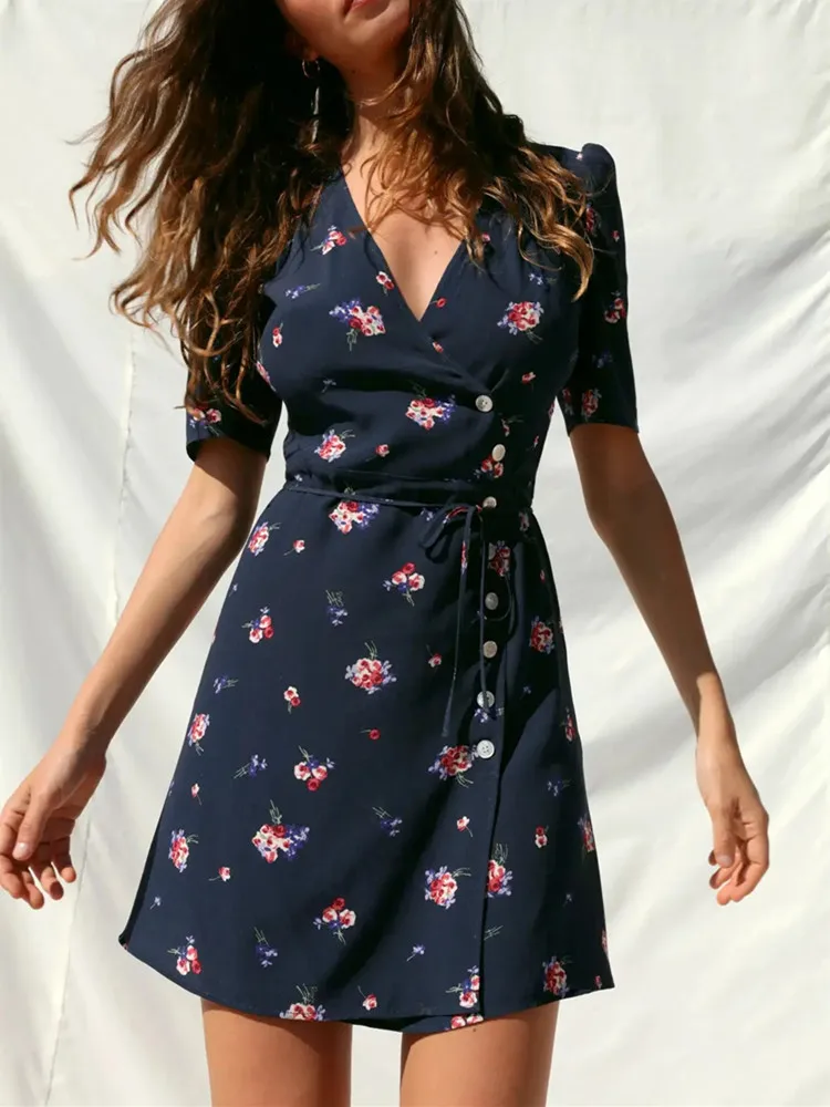 

Women's V-neck Floral Print Robe 100% Viscose Prairie Chic Short Sleeve Lady Side Buttons Lace-up One Piece Wrapped Dress