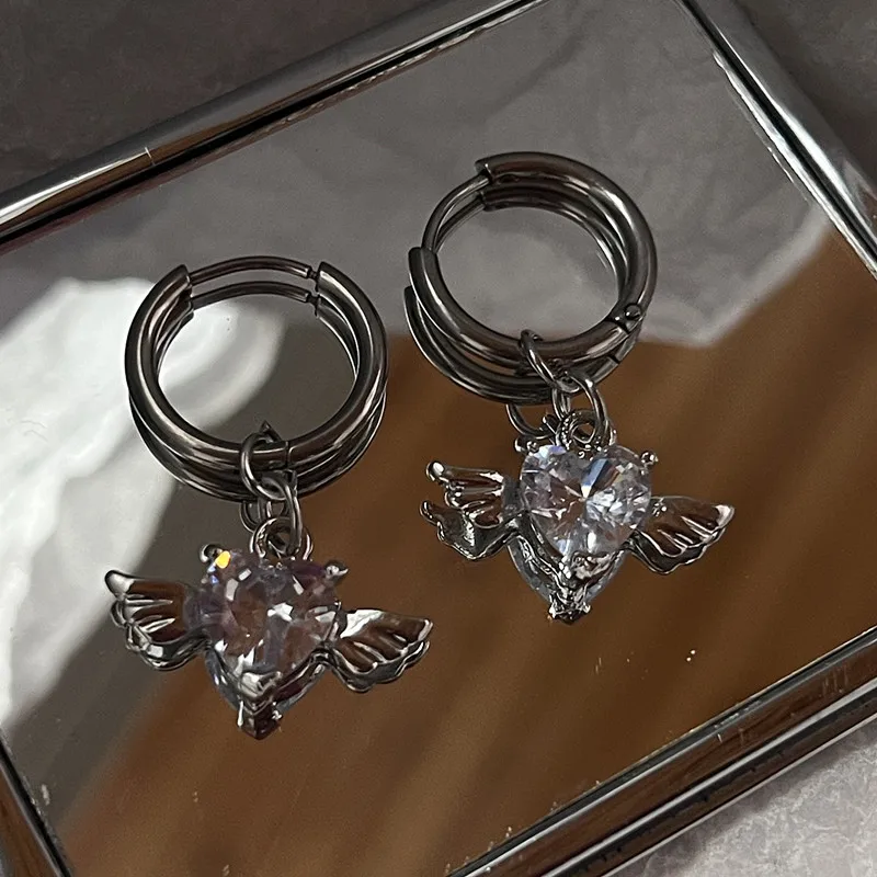 Серьги-гвоздики с ангельскими крыльями и сердцем для женщин блестящие