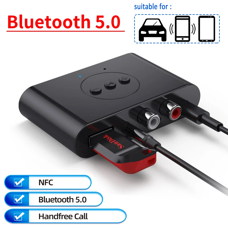 Bluetooth 5.0 Audio Receiver U Disk NFC RCA 3.5mm 3.5 AUX Jack Stereo Music Wireless Adapter with Mic For Car Kit Speaker