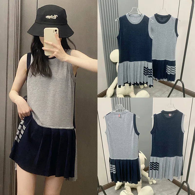 

High Quality TB Tank Skirt Spring/Summer 2023 New College Style Contrast Front and Back Wool Knit Panel Sleeveless Pleated Dress