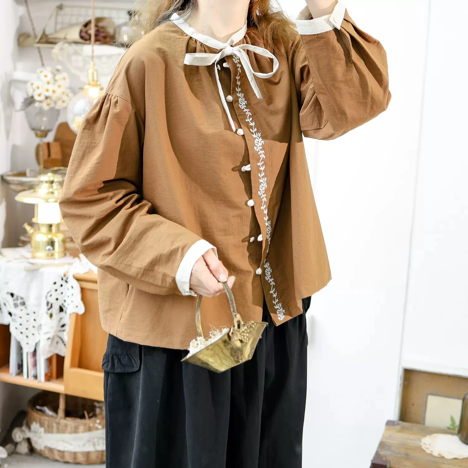 Женская универсальная Свободная рубашка/блузка из хлопка с вышивкой в японском