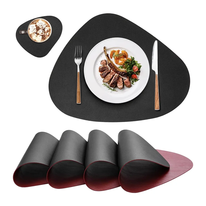 

Placemats and Coasters 4 Sets Placemats Washable Plastic Round Table Decoration Dining Table Placemats Black + Red