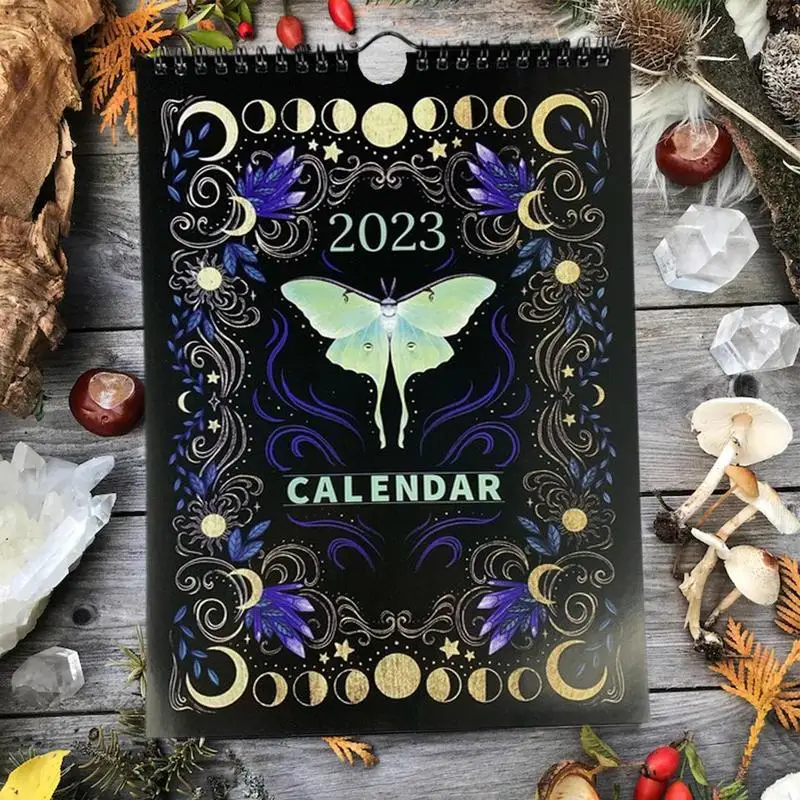 

2023 Dark Forest Wall Hanging Calendars with 12 Illustrations Mysterious Animals Calendars Wheel Of Phase Astrology Art Decor