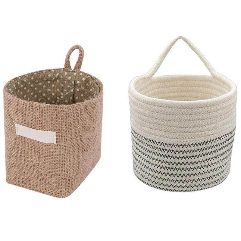 

Цветочный горшок из хлопка и льна, маленький мешок, подвесная корзина для хранения из джута и хлопка в горошек (желтая точка) и настенные кор...
