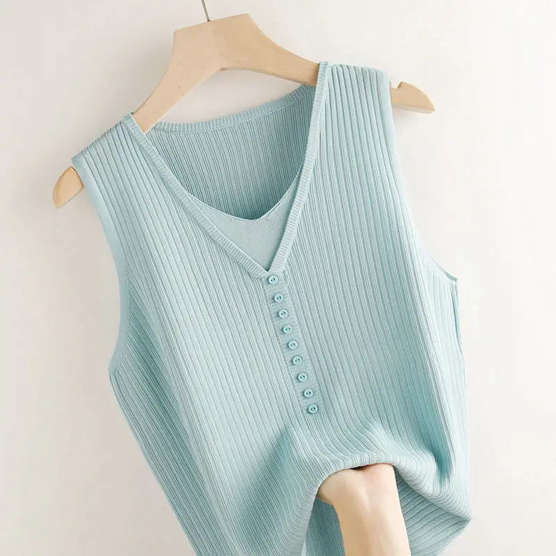 

Женский трикотажный топ без рукавов, голубой Повседневный Свободный жилет из вискозы с V-образным вырезом, модель G15 на лето