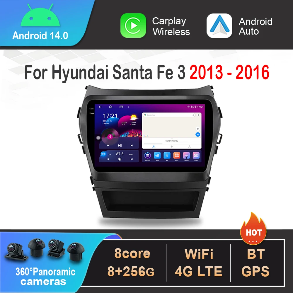Фото Android 14 для Hyundai Santa Fe 3 2013-2016 Беспроводной Carplay 4G WIFI GPS Автомобильный радиоприемник Навигация Мультимедийный видеоплеер Стерео №1