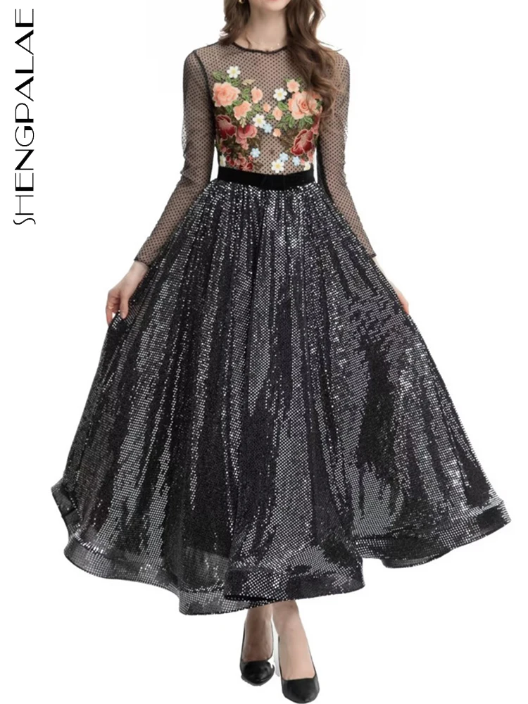

SHENGPALAE Embroidery Evening Dress For Women Fashion Elegance Diamond Sequin Spliced Mesh Vestido Autumn 2023 New Tide 5R5114