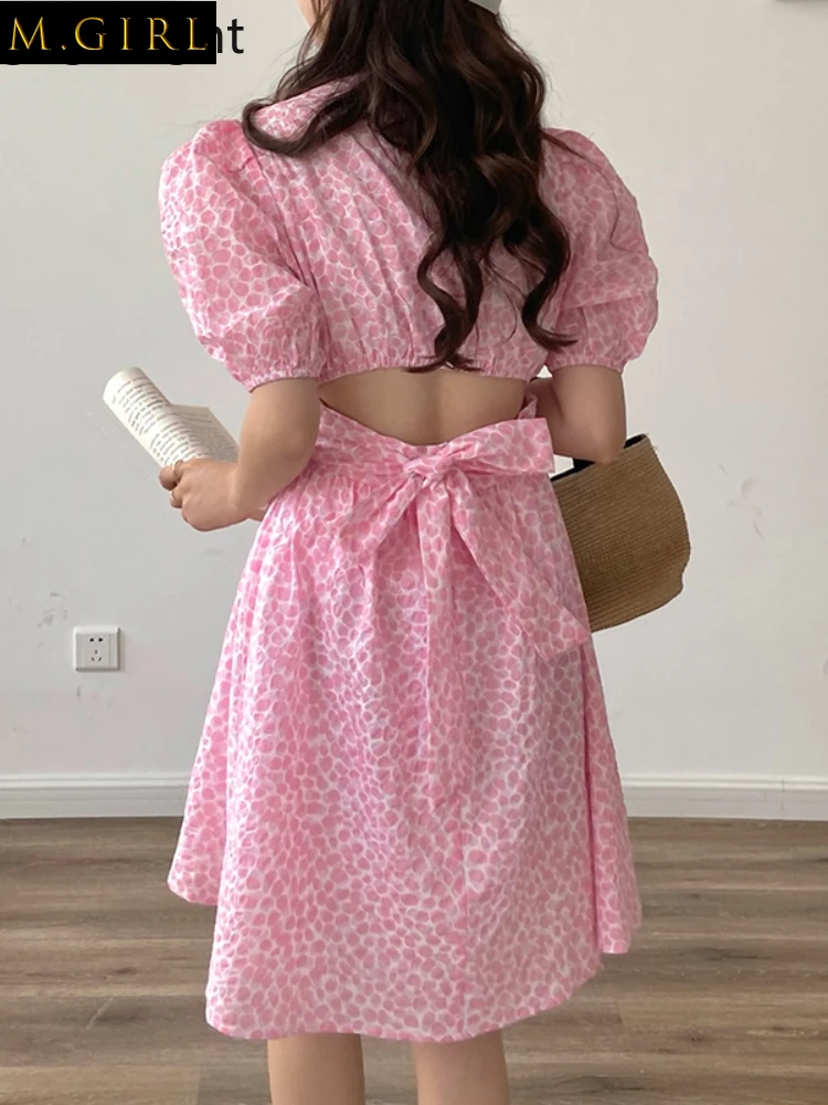 

Gaganight Women V neck Hollow Backless Lace Bow Puff Sleeve Floral Dress 2022 Korean Summer Elegant Temperament Dresses Female