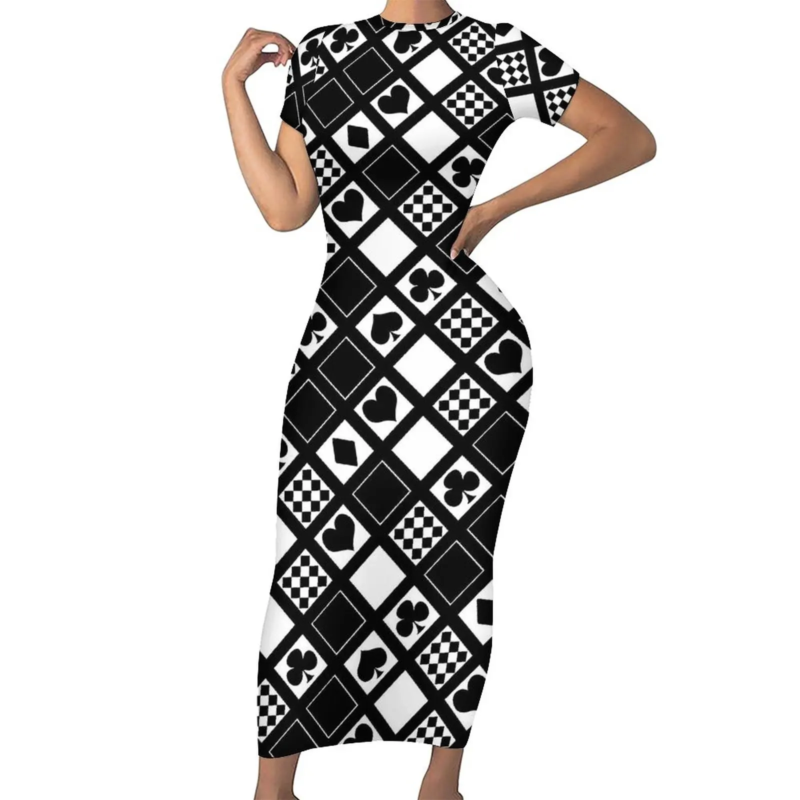 

Casino Playing Cards Bodycon Dress Holiday Hearts Crosses Print Cute Maxi Dresses Female Graphic Street Wear Dress Big Size