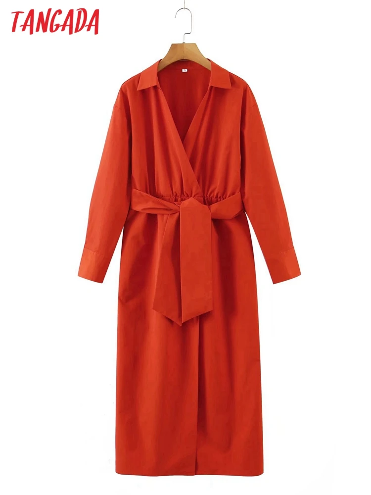 

Tangada 2022 fashion women solid shirt dress with slash vintage long sleeve office ladies midi dress SL157