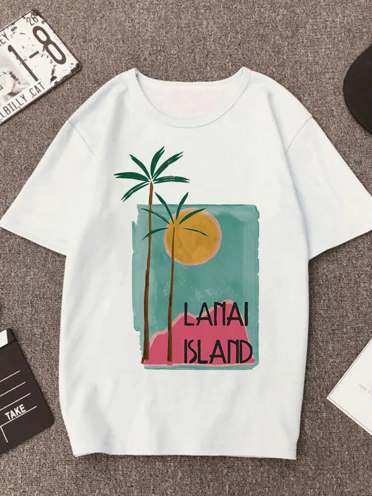 Купи Island Printing O-neck Girls T-shirts Young Ladies Tshirt Fashion Women Clothing Short Sleeves Summer White Tops For Woman Tees за 187 рублей в магазине AliExpress