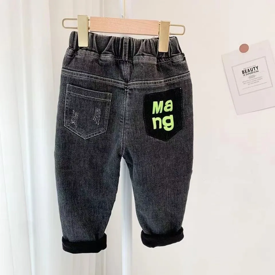 Boys Autumn And Winter Plush Jeans 2023 New Childrens Stretch Jeans Korean Edition One Piece Plush Pants For Kids