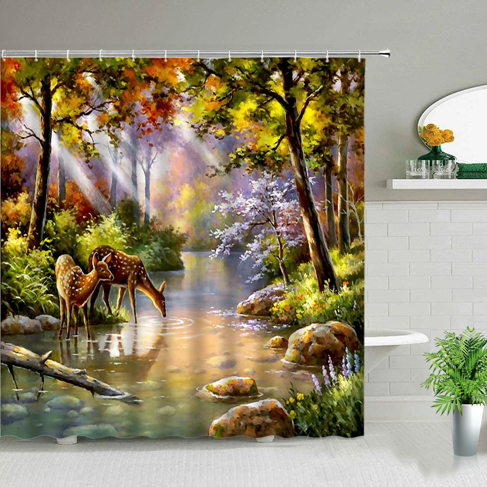 

Garden landscape Shower Curtains Natural Scenery Oil Painting Scenery Forest Deer Home Decor Fabric Bathroom Bath Screen Hooks