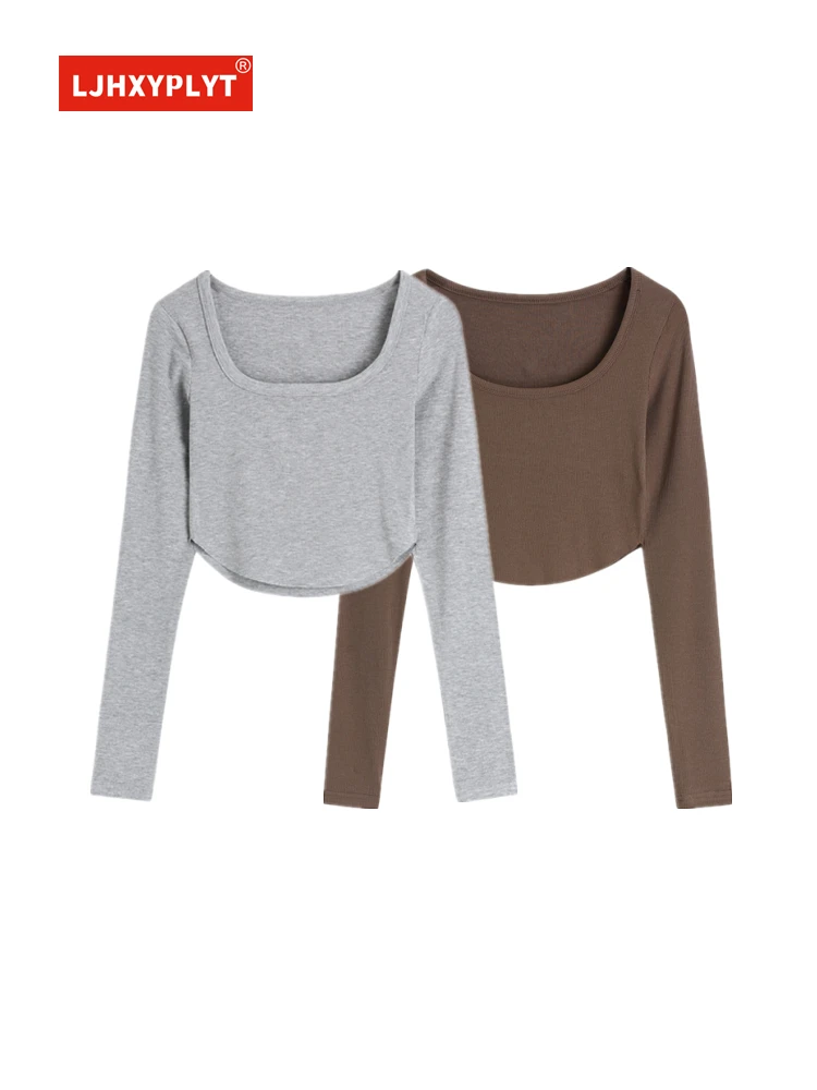 

Curved Hem Grey Slim Fit Cropped Long Sleeve T-Shirt Womens Spring Summer New Retro Simple Low Waist Short Pullover Top Female