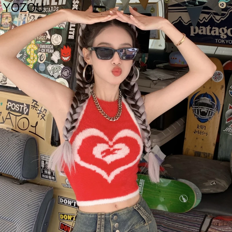 

YOZOU 2022 летняя y2k Сексуальная Милая кавайная красная черная укороченная майка с лямкой на шее трикотажная одежда трикотажная для девушек жен...