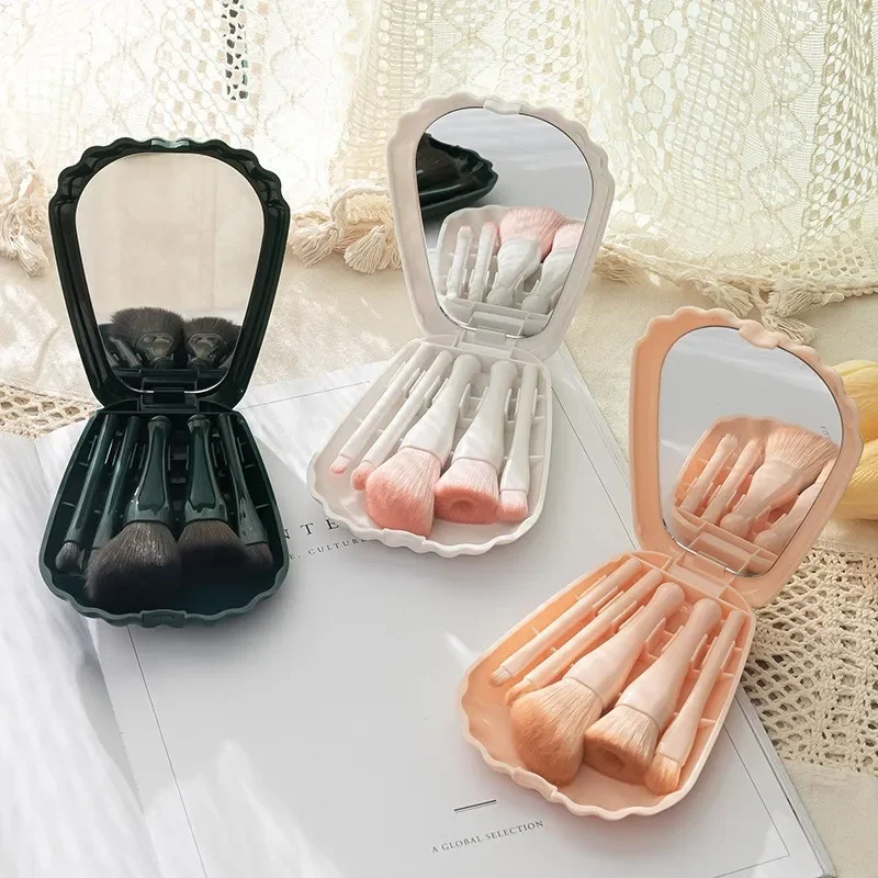 

New 5Pcs Set Travel Makeup Brush Shell Shape Mirror Box Five-piece Beauty Brush Powder Brush Eyeshadow Brush Set Makeup Tools